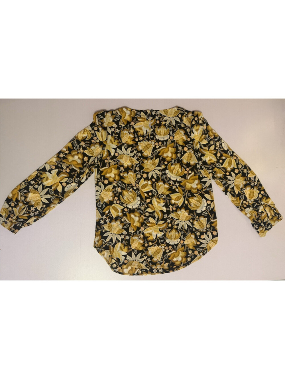 LOFT Floral Blouse XS Black Mustard Yellow Long Sleeve Button Cuff Womens Top